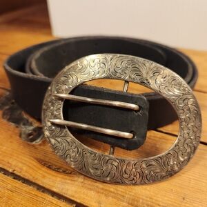 La Pierre Sterling Silver  Floral Swirl Belt Buckle Sash Double Clip Black 46"